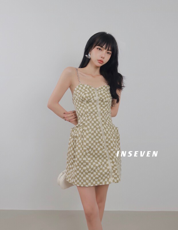 [inseven] fashion suspender zipper checkerboard dress 27063# ozq