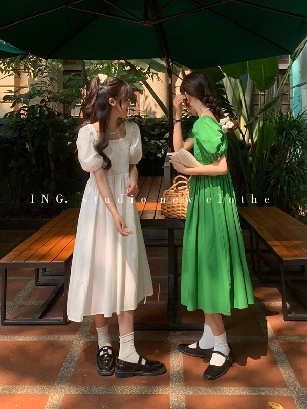 New in early summer! [ing] French temperament slim and slim square neck bubble sleeve dress 6990# HBx