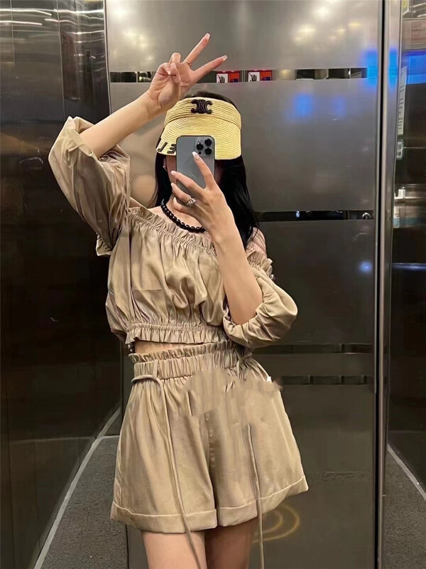 [Yan Zhen] one shoulder shirt + elastic waist casual Shorts Set (with belt) 88705# PCZ