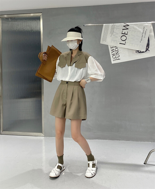 [Hyso] Korean loose color matching short sleeved shirt + versatile casual Shorts Set 8903# XJ