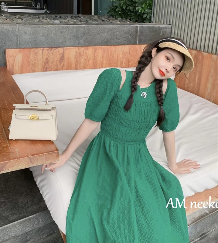 [am] Korean round neck bubble sleeve waist closing dress 3325# JJ