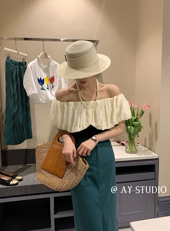 [ay studio] Korean Ladies' one line collar contrast stitching shirt 66867# zxx