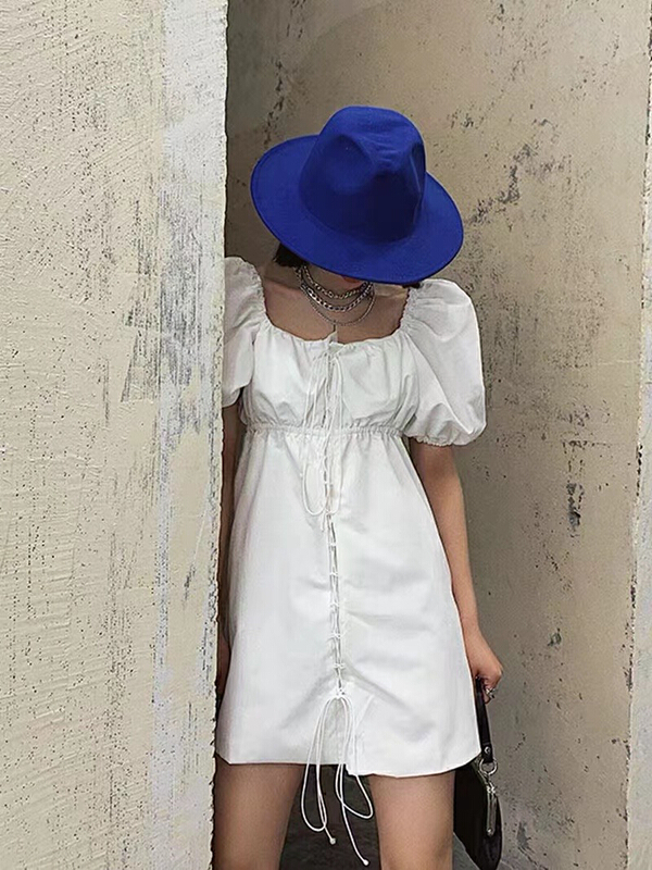 [Hello] Korean heavy industry pleated bandage square neck dress (with bandage rope) y6256# lwy