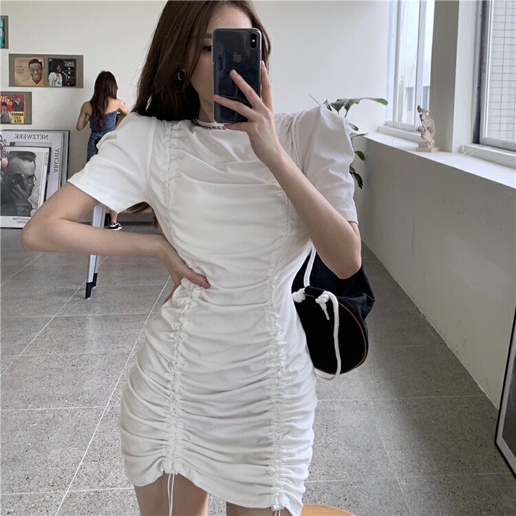New in early summer! [XY] French style bubble sleeve design sense of niche drawstring pleated waist slim dress (with chain) 1033# WPL