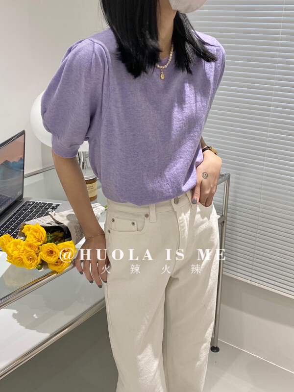 New year in early spring! [hot Huola is me] Korean version solid color bubble sleeve short short sleeve T-shirt (including 30% wool) 7536# cqw