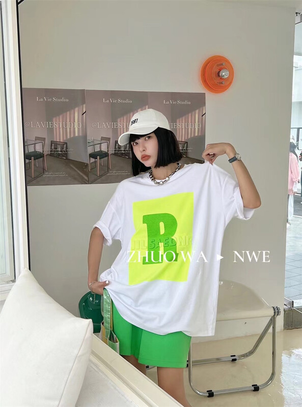 [buyer Yan Xuan zhuowa] minority color block letter loose ins short sleeve T-shirt 6127# Cl