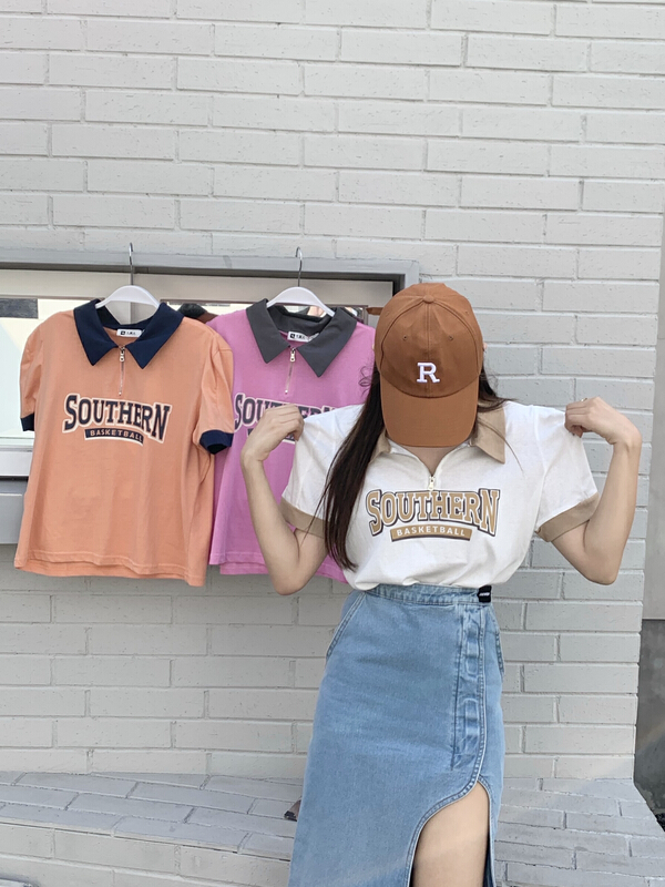 [qixuaner] letter color contrast niche short sleeve T-shirt 2679# LSW
