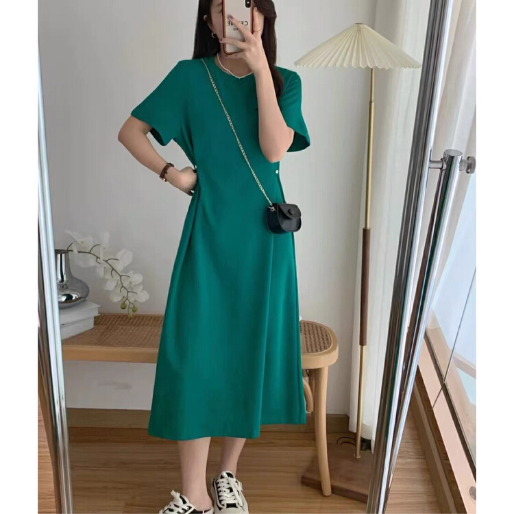 goods in stock! [miss Xi Xi] button waist closed solid color minority short sleeved dress 1501# Cl