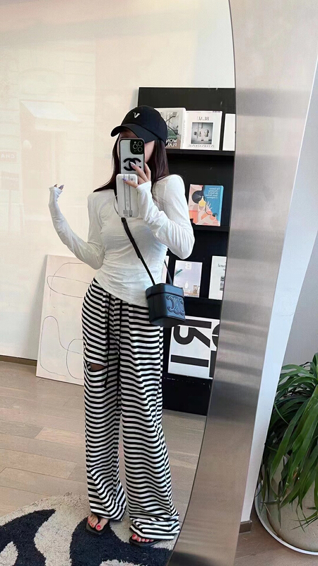 [I do do] design sense long sleeve round neck blouse + elastic waist loose stripe casual pants set 8133# cqw