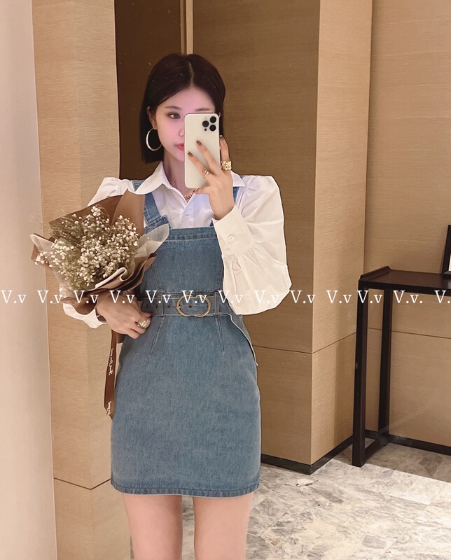 goods in stock! [v.v] Korean loose denim suspender skirt (with belt) (excluding inner lap) 9869# cqw