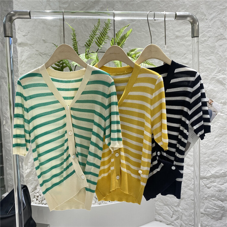 [numbersix] striped V-neck single breasted knitted cardigan (excluding necklace) 5158# LSW
