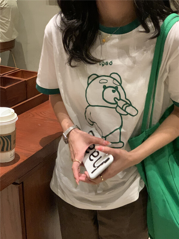 New year in early spring! [free Valley] color blocking bear retro foreign style short sleeve T-shirt 4659# LSW