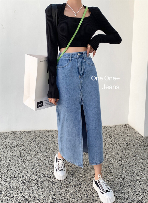 Original price 89.00! [one one home] Korean casual slit denim skirt 805# cqw