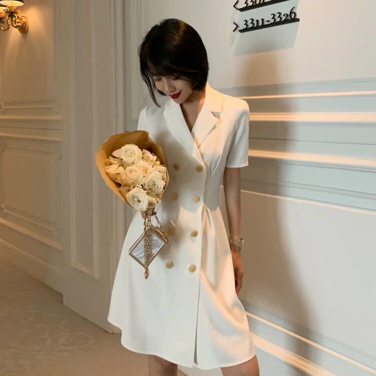 Original price 140.54! [Linna] Lapel double row button woven dress 1838# zxx