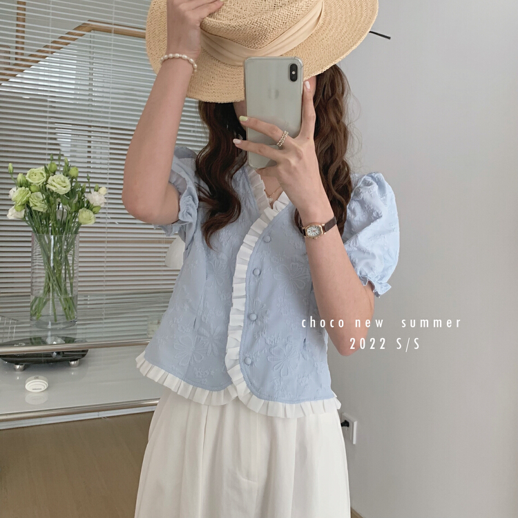 New in early summer! [choco] slim fit bubble sleeve lace blouse 8235# HBx