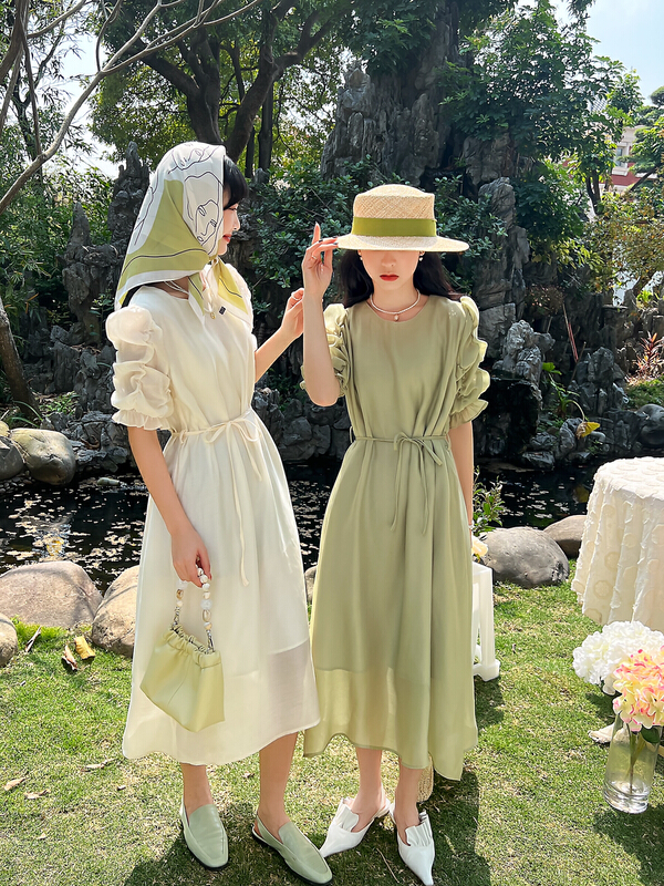 [rong'er family] simple waist closing lady dress (with waist rope) 51938# hjy
