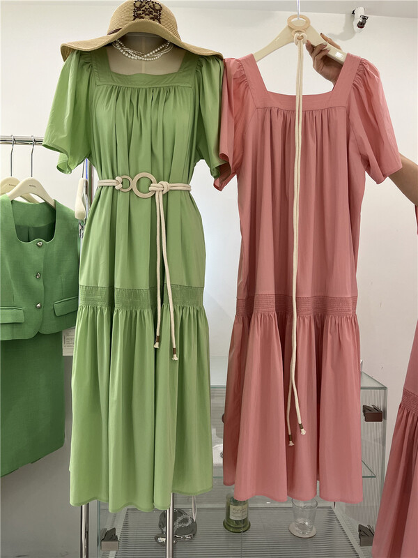 [naimier] square neck waist closing casual dress (with belt) (only skirts) 2038# LSW