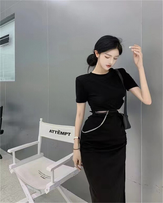 New in early summer! [nm. Girl] round neck striped fashion waistless dress (detachable with chain) 19915# JJ