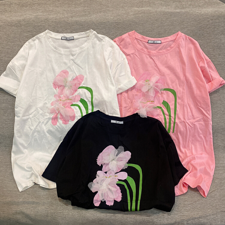 [Qijia +] Korean creative flower round neck short sleeve T-shirt 7579# zyh