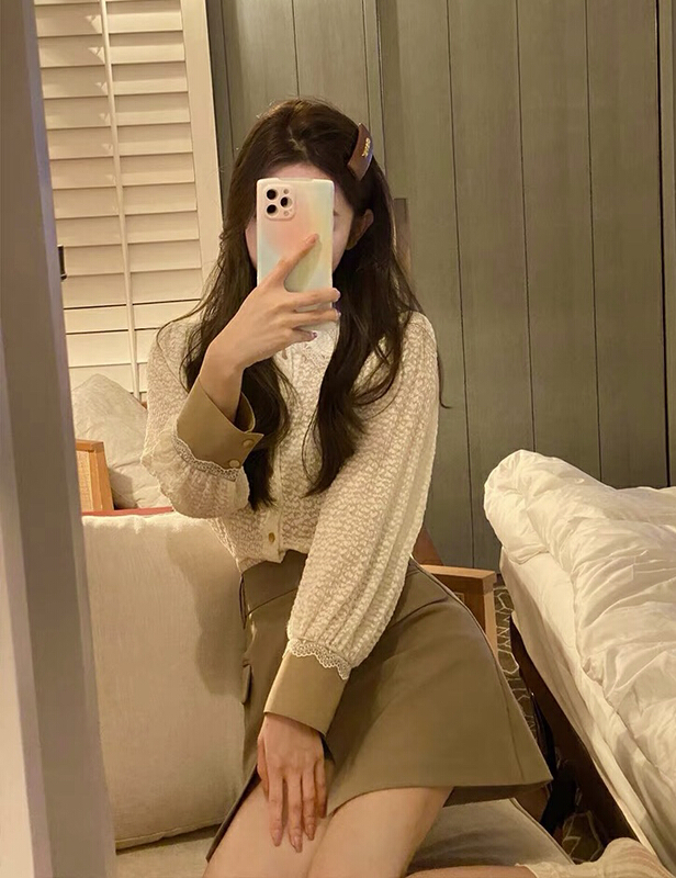 goods in stock! [JH] small fragrant lace color contrast blouse + high waist skirt suit 40806-1# hjy