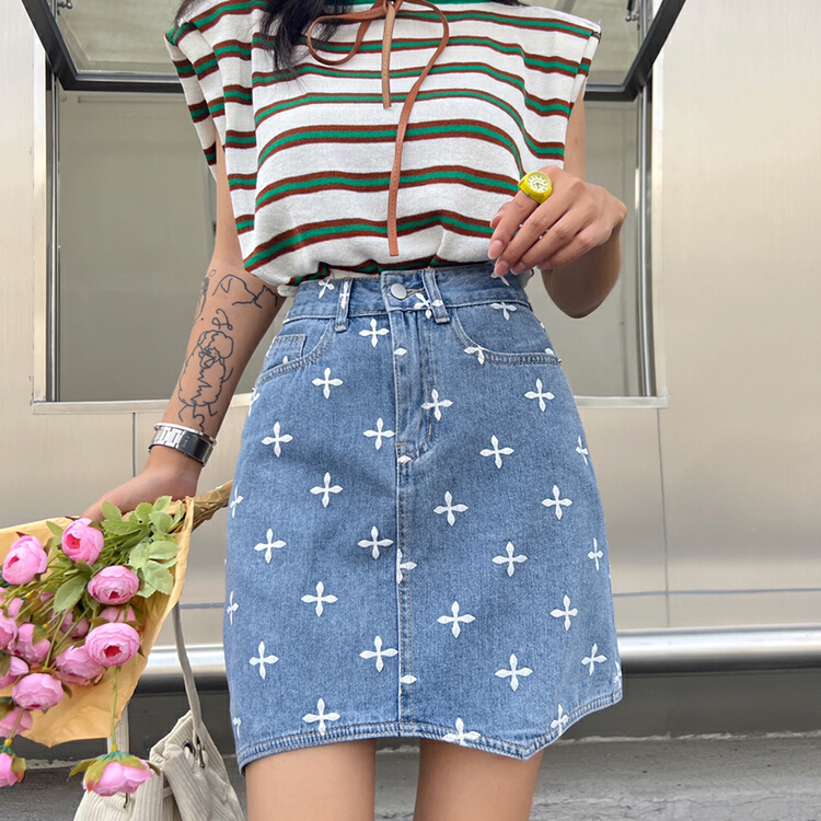 New in early summer! [Mi & Co Wu] foreign style elastic free printed cross denim skirt c1193# hjy
