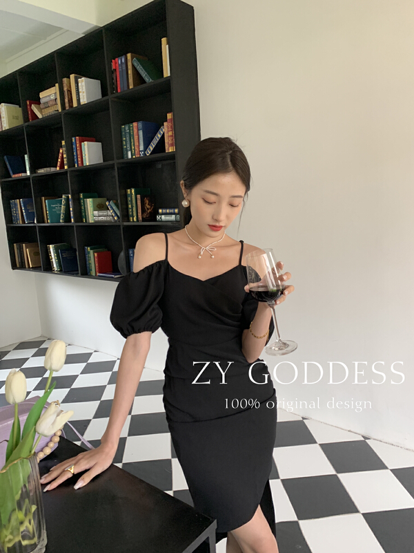 初夏上新!【ZY】緞面不規則法式復古開叉連衣裙  68229#  OZQ