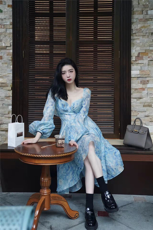 [Bala Bala] temperament fashion printing irregular long sleeved imitation silk dress 6252# PCZ