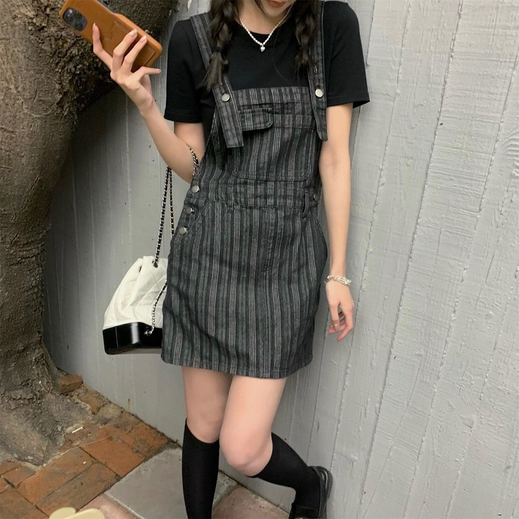 [x · h studio] yuppie denim black split high waist strap skirt 06273# ozq