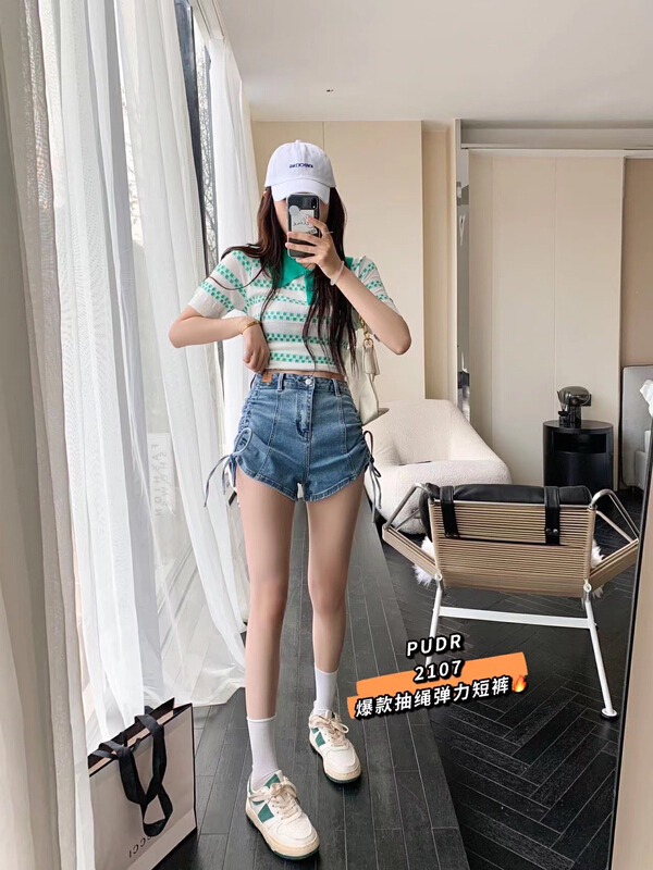 New in early summer! [pudr] Korean style hot girls drawstring elastic denim shorts 2107 blue 2107-1 black # XJ