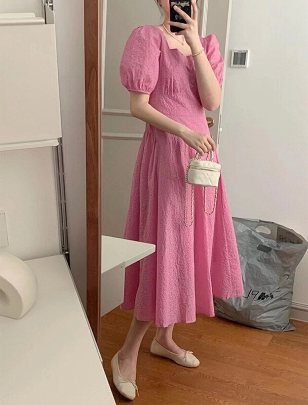 New in early summer! [Sicily] pink bubble sleeve square neck dress 8997# XJ