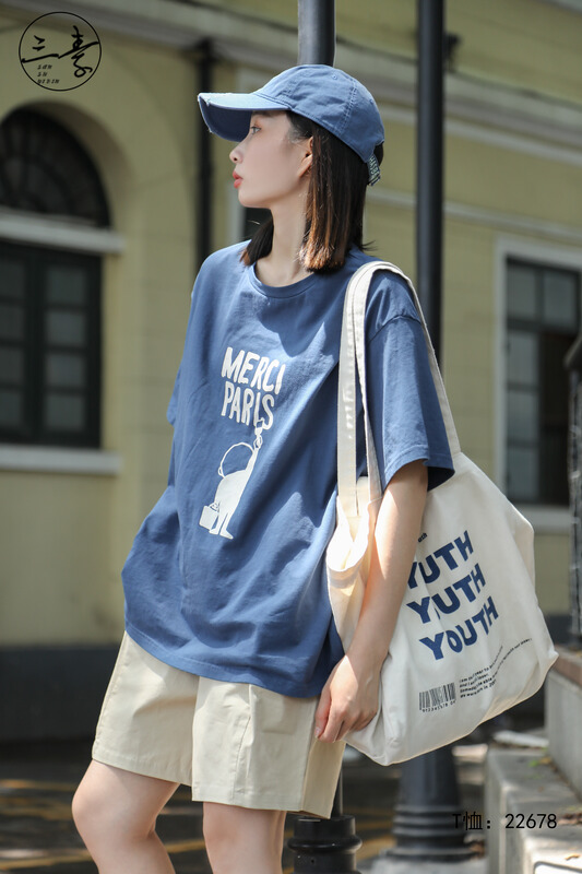 [original of three plain clothes] simple temperament leisure printed short sleeve T-shirt 22678# XYJ