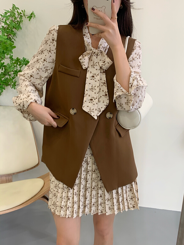 [victory. 2] Korean floral Pleated Dress + suit vest suit b31# jhy