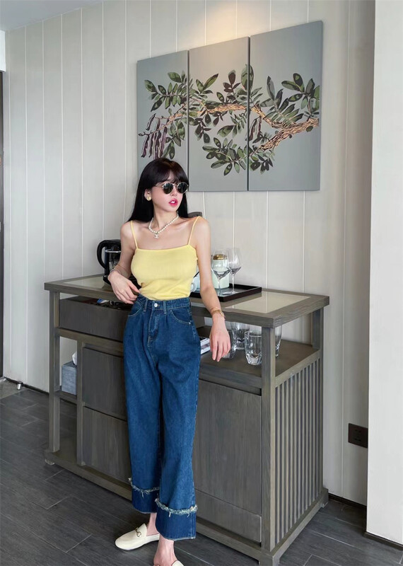 New in early summer! [angelyue] high waist straight tube rough jeans 102cy# LSL