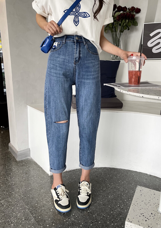 New in early summer! [en Xier] slim and versatile Korean version of broken hole Harlan jeans k1233# L