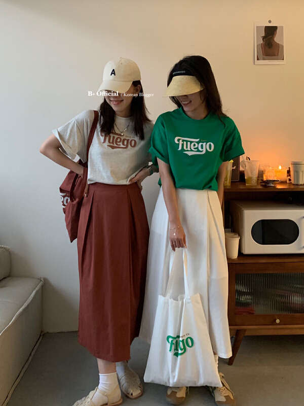[B plus] English printed casual T-shirt + loose A-line skirt + canvas suit (with canvas bag) 22-9414-2# HBx
