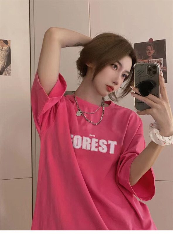 [charming] Korean alphabet printed round neck short sleeve T-shirt m2012# ZSY
