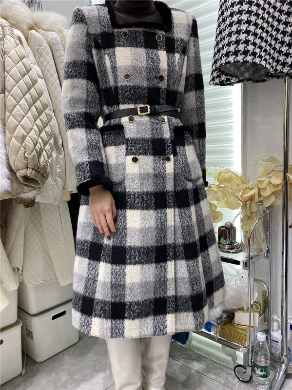 goods in stock! [u.me] thickened square neck Plaid long coat (without belt) ys1-18758# hjy