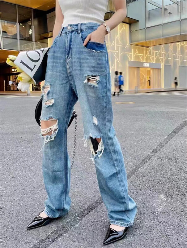 [mozr] pierced straight leg versatile jeans 3007# XYJ