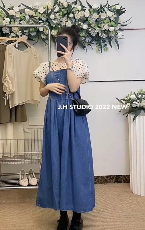 [JH] net Red Lantern Sleeve Polka Dot blouse ➕ Wash denim suspender dress set 41551# PCZ