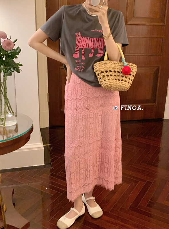 [finoa] Korean casual lace hook flower straight skirt 10505# CLS