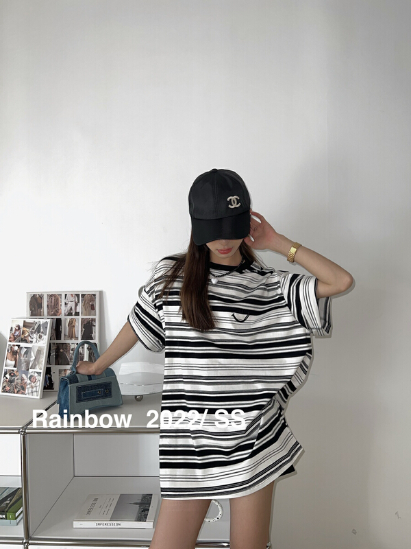 New year in early spring! [rainbow] crew neck loose stripe short sleeve T-shirt 11819# WTT
