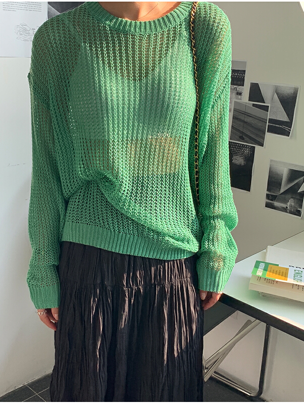 [the mind] ins Korean style solid color versatile round neck hollow out sweater 71018# jhy
