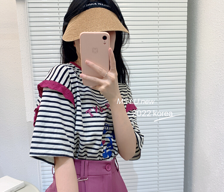 New in early summer! [Xiaoxiaojia] contrast stitching lace stripe short sleeve T-shirt 80387# WTT