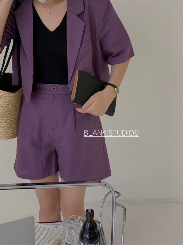 [blank] Korean style suit collar short shirt + loose casual Shorts Set 582367# WPL