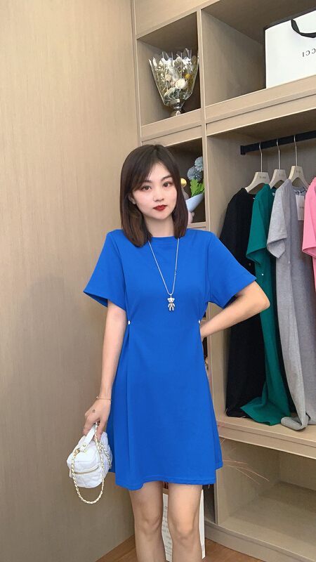 New in early summer! [miss Xi Xi] design sense of minority temperament short sleeve Pullover French Button Waist Dress 1502# Cl