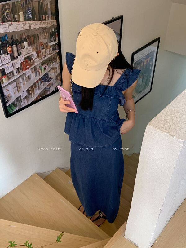 [Yiwan y.von] Korean fashion simple denim sling + temperament skirt suit 9016# XJ