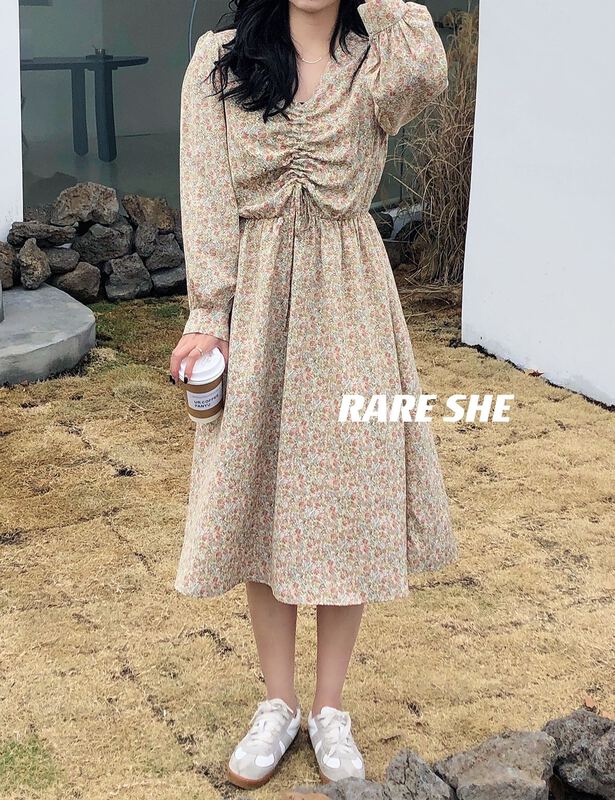 Original price 73.72! [rare she] V-neck drawstring floral long sleeve dress a911# LJF