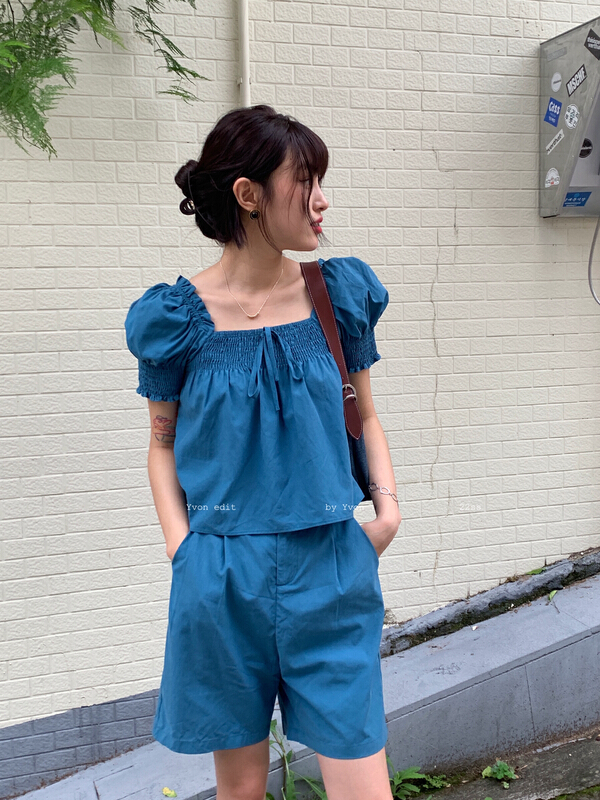[Yiwan y.von] high sense solid color design small shirt + simple fashion casual Shorts Set 9931# XJ