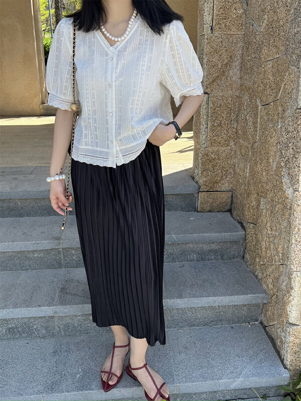 [Mihe] simple and versatile, solid color pleated medium length skirt 6091# lwy
