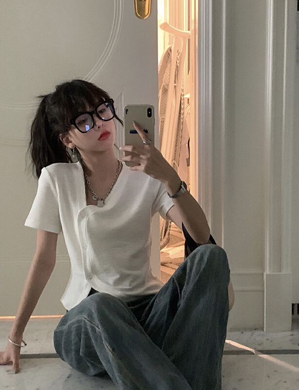 [Meet Rainbow] simple irregular breasted short sleeved T-shirt 08097# LSL